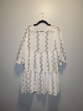 White 3/4 Puff Sleeve Feather Print Tiered Mini Dress | Small